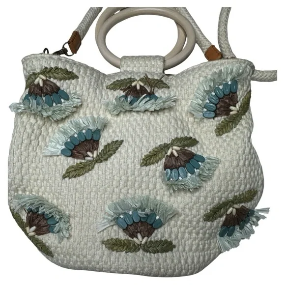 Lucky Brand Raffia Flower Crossbody Bag Natural Wood Handles Boho - Picture 9 of 16